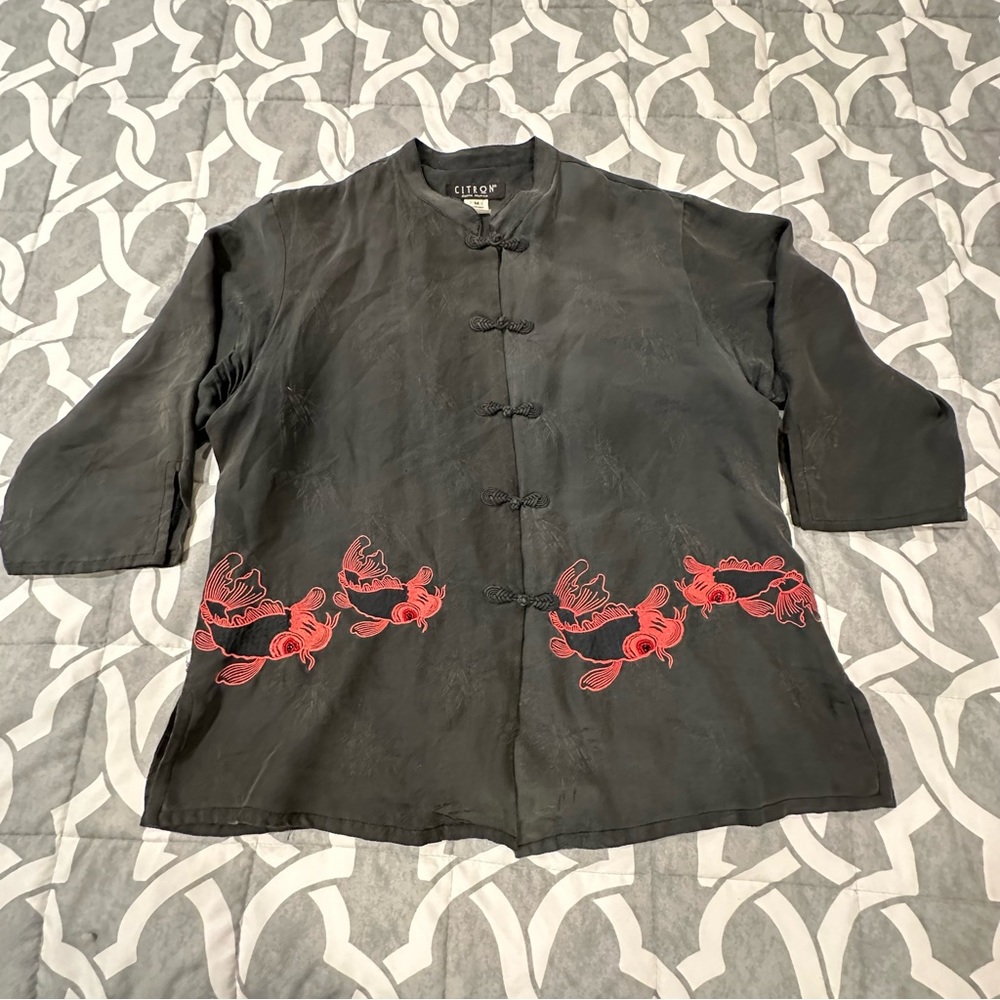 Citron Clothing 100% Silk kimono style asian koi Button Up Shirt Medium black